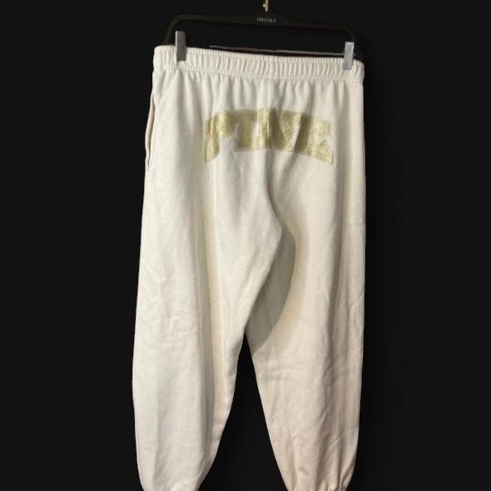 Victorias Secret PINK Cream Bling Sequin Logo Sweatpants Medium Joggers 0677